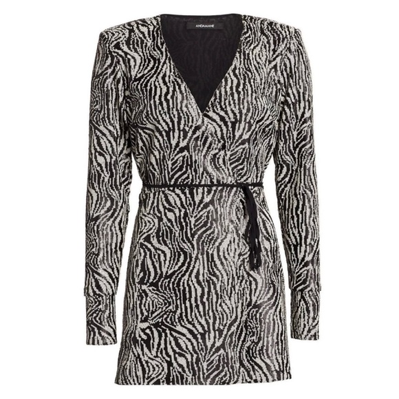 ANDAMANE Bonnie Zebra Bianca Sequin Wrap Dress, Black/Silver, Small - Picture 2 of 9